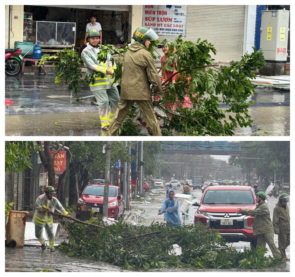 Công an phường Trường Vinh cùng các lực lượng hỗ trợ người dân khắc phục hậu quả cơn bão số 10 gây ra