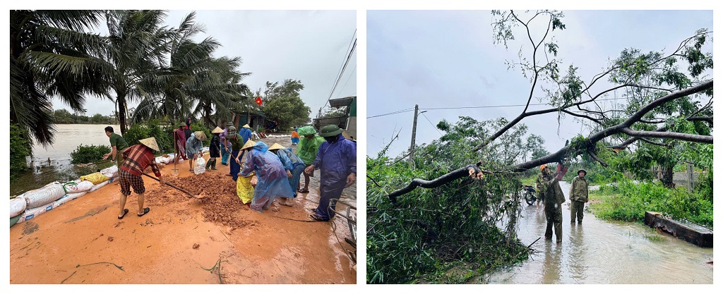 Công an xã Vân Tụ cùng các lực lượng hỗ trợ người dân khắc phục hậu quả cơn bão số 10 gây ra