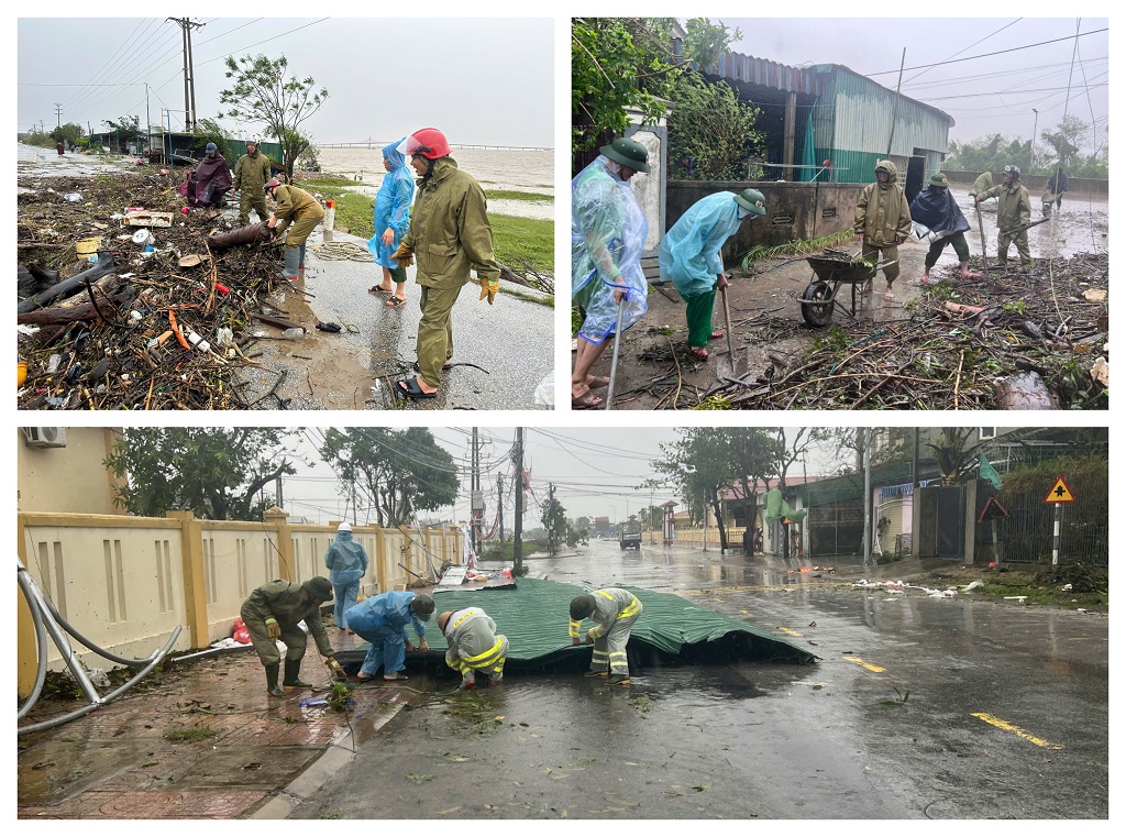 Công an phường Vinh Lộc cùng các lực lượng hỗ trợ người dân khắc phục hậu quả cơn bão số 10 gây ra