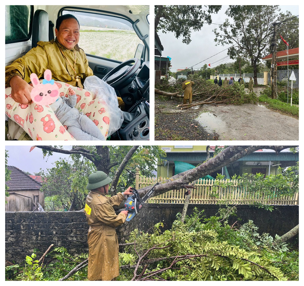 Công an xã Quỳnh Sơn dùng xe chuyên dụng đưa 2 mẹ con (em bé mới 2 tháng tuổi) ở khu vực trũng thấp, nguy cơ mất an toàn, di chuyển đến nơi an toàn. Đồng thời, cùng các lực lượng hỗ trợ người dân chặt, tỉa cây xanh bị ngã đổ trên các tuyến đường