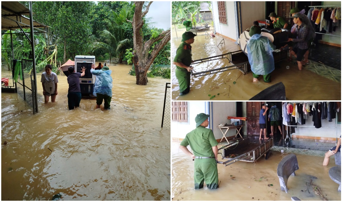 Công an các xã Bích Hào và Thành Thọ Bình hỗ trợ người dân di dời tài sản đến nơi an toàn