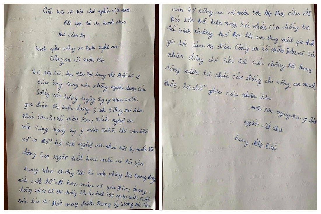 Bức thư bà Lang Thị Bốn – vợ ông Phòng viết cảm ơn Trung úy Lương Đức Sửu và Công an xã Môn Sơn