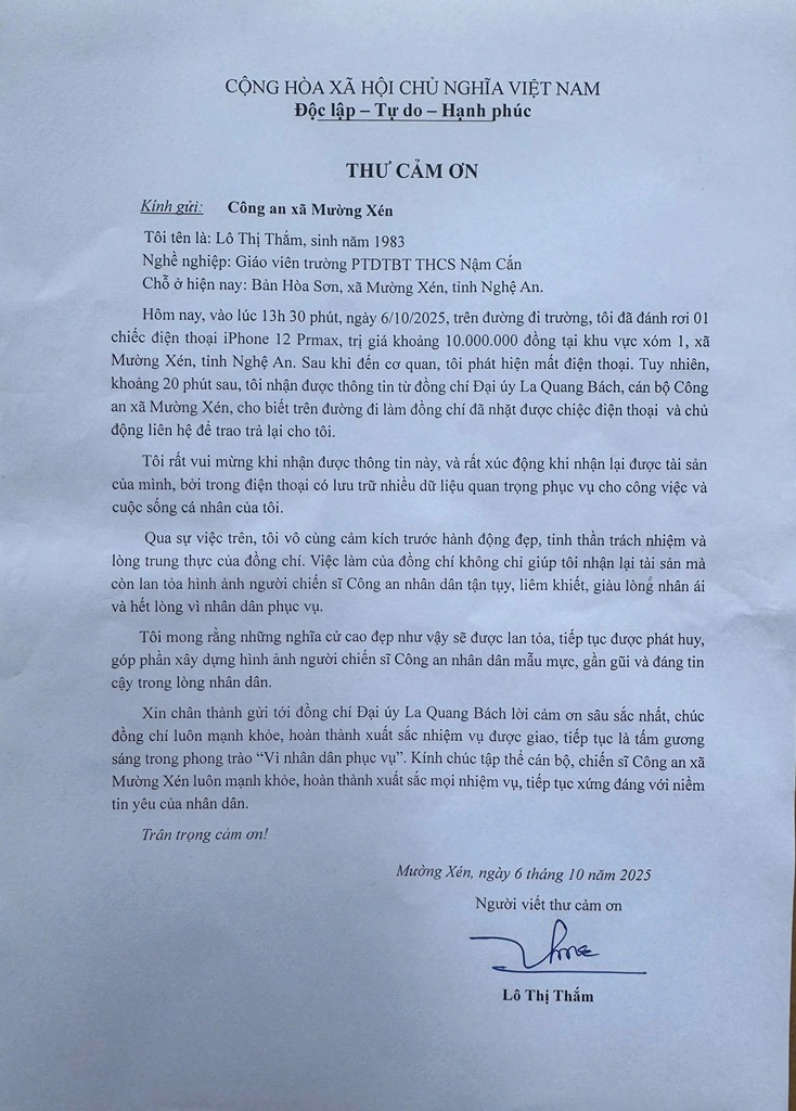Cảm kích trước hành động của Đại úy La Quang Bách, chị Thắm viết thư cảm ơn