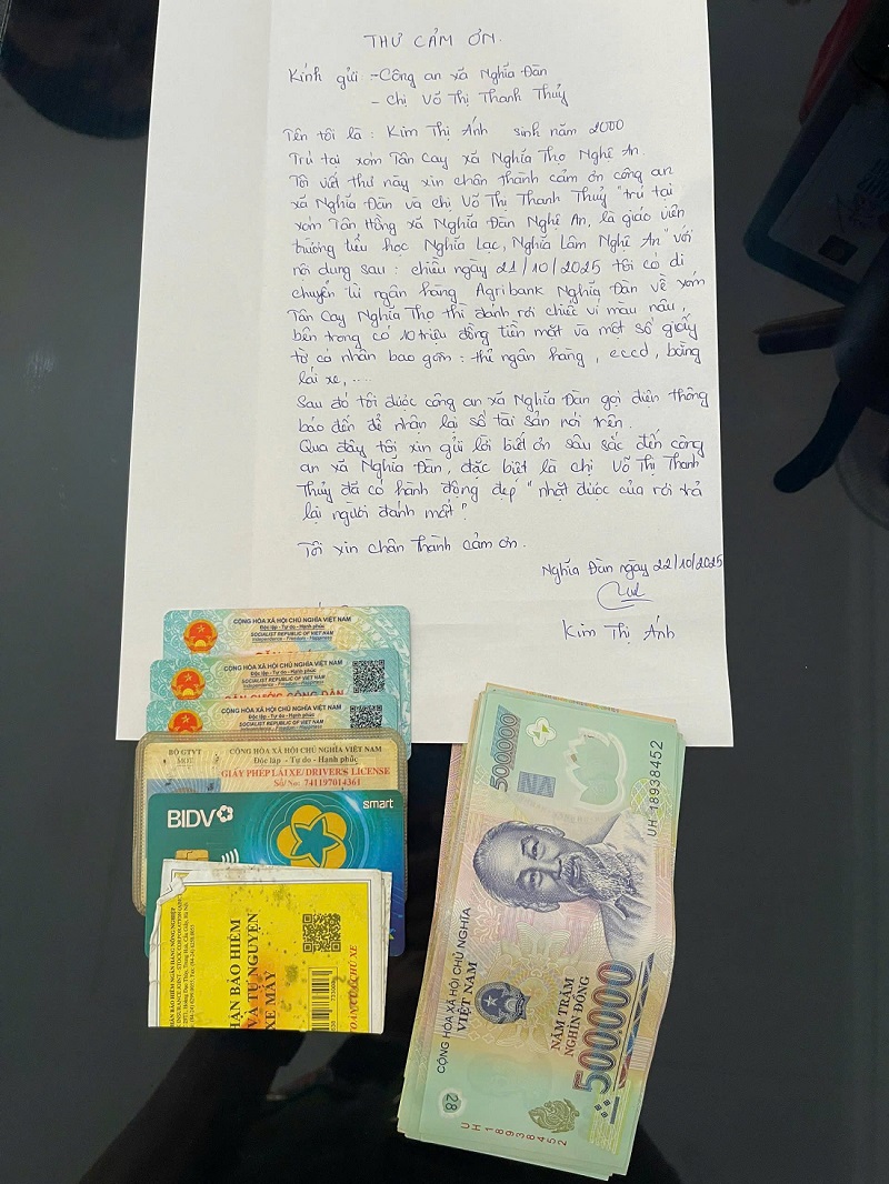 Thư cảm ơn của Kim Thị Ánh gửi Công an xã Nghĩa Đàn