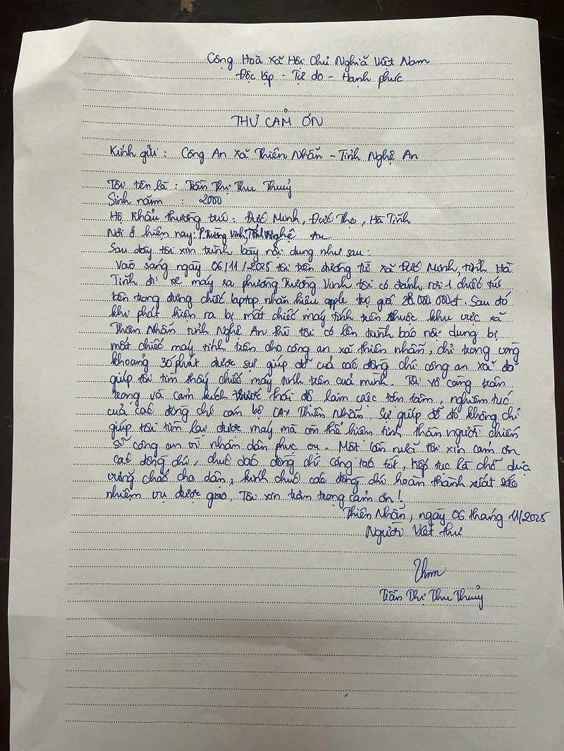 Chị Thủy viết thư cảm ơn Công an xã Thiên Nhẫn 