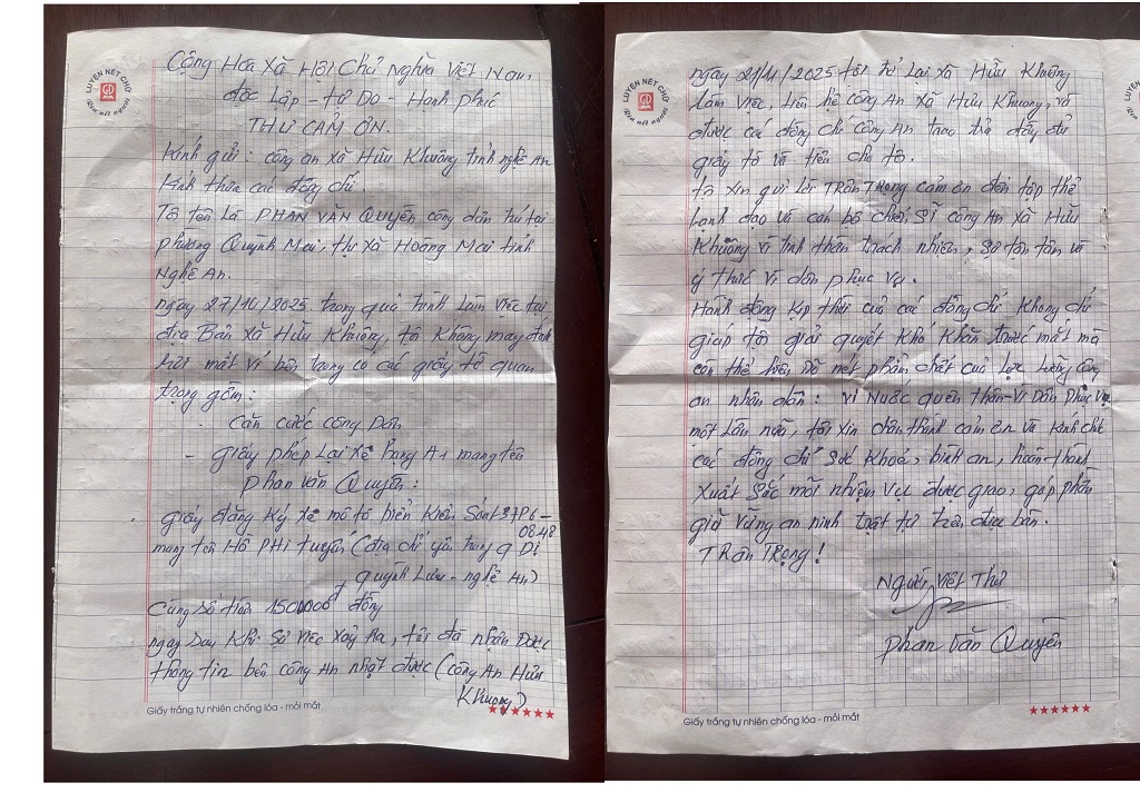 Nhận lại tài sản, anh Quyền viết thư cảm ơn Công an xã và anh Tuân