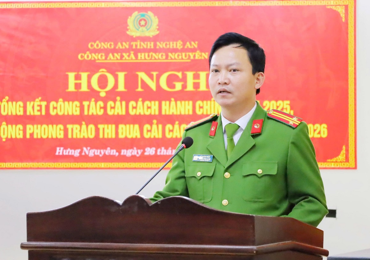 Công an xã Hưng Nguyên phát biểu tại Hội nghị
