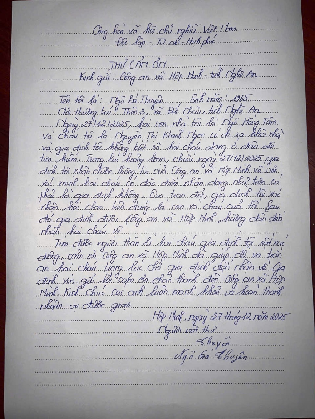 Anh Ngô Bá Thuyên viết thư cảm ơn cảm ơn lực lượng Công an