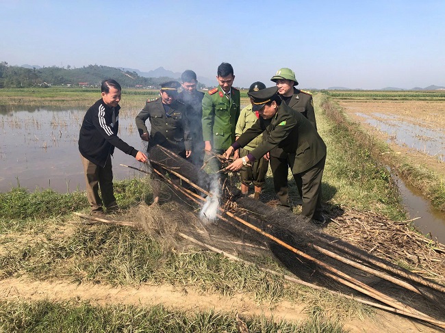Công an xã Vĩnh Tường thu giữ, tiêu hủy nhiều dụng cụ săn bắt chim trời