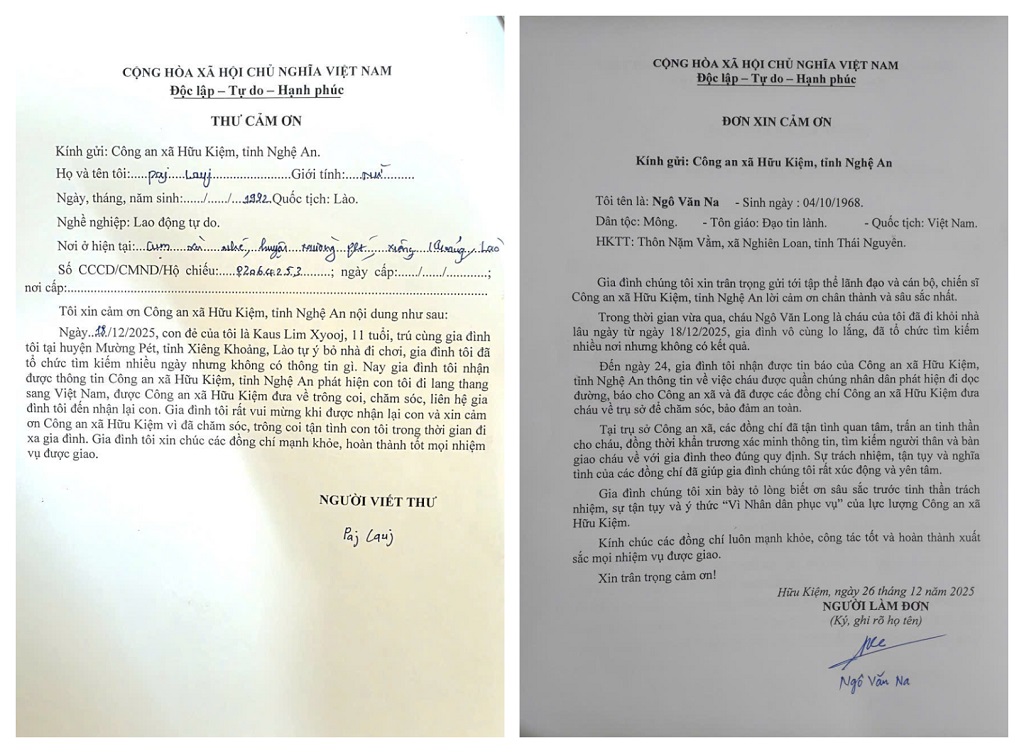 Gia đình hai cháu viết thư cảm ơn Công an xã Hữu Kiệm