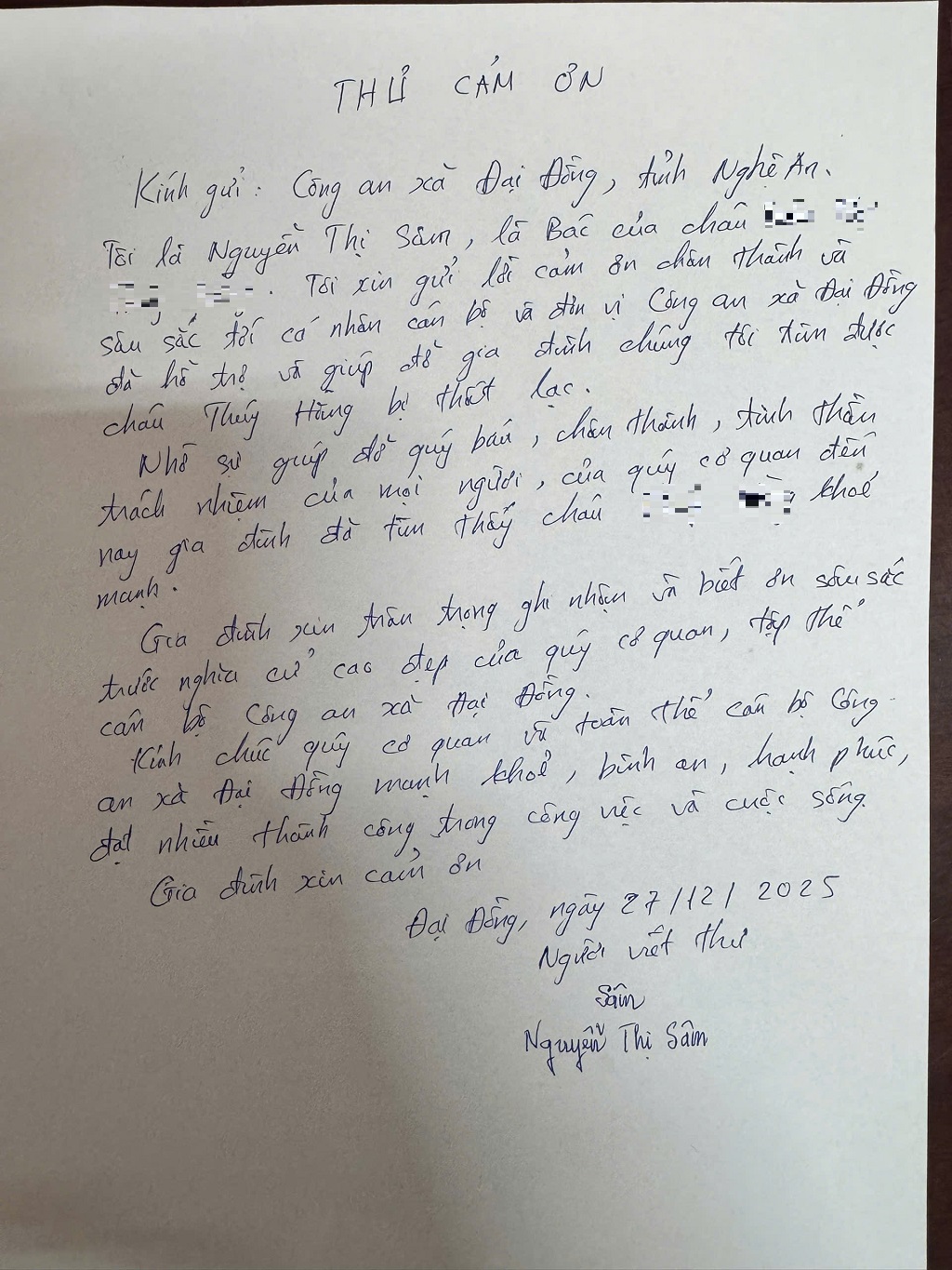 Gia đình chị H. viết thư cảm ơn tập thể Công an xã Đại Đồng