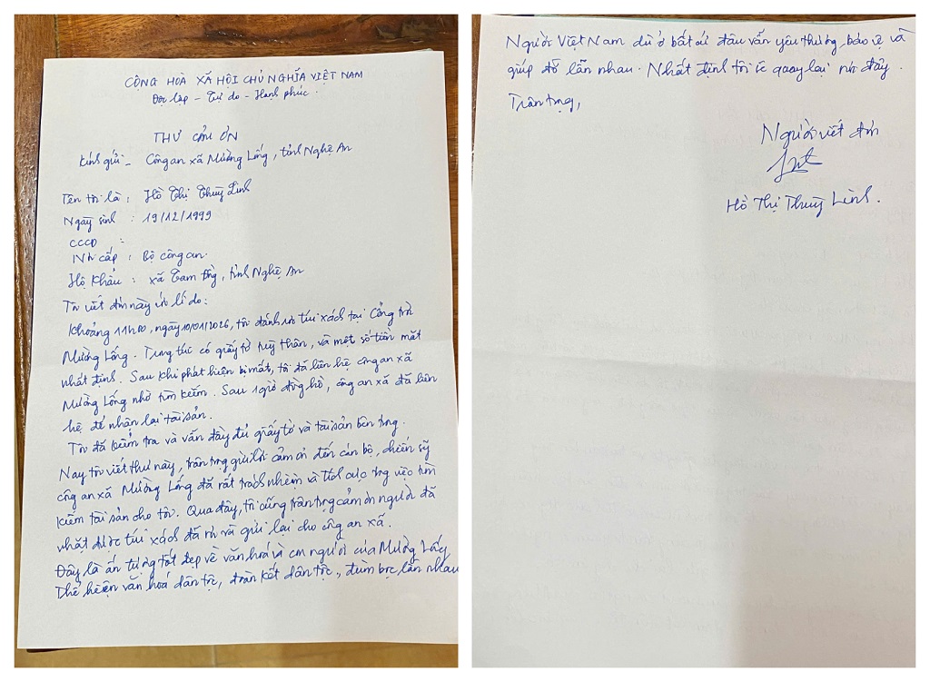 Nhận được tài sản sau một giờ đồng hồ bị đánh rơi, chị Linh đã viết thư cảm ơn gửi tới cá nhân người trả lại tài sản và Công an xã Mường Lống