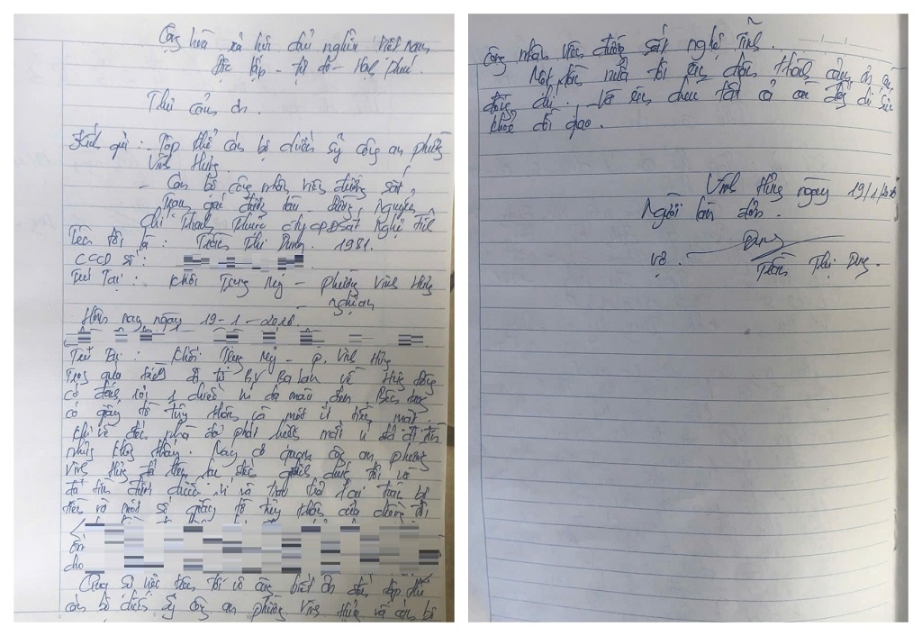 Chị Dung xúc động viết thư cảm ơn Công an phường Vinh Hưng và chị Phan Thị Hoài Thanh