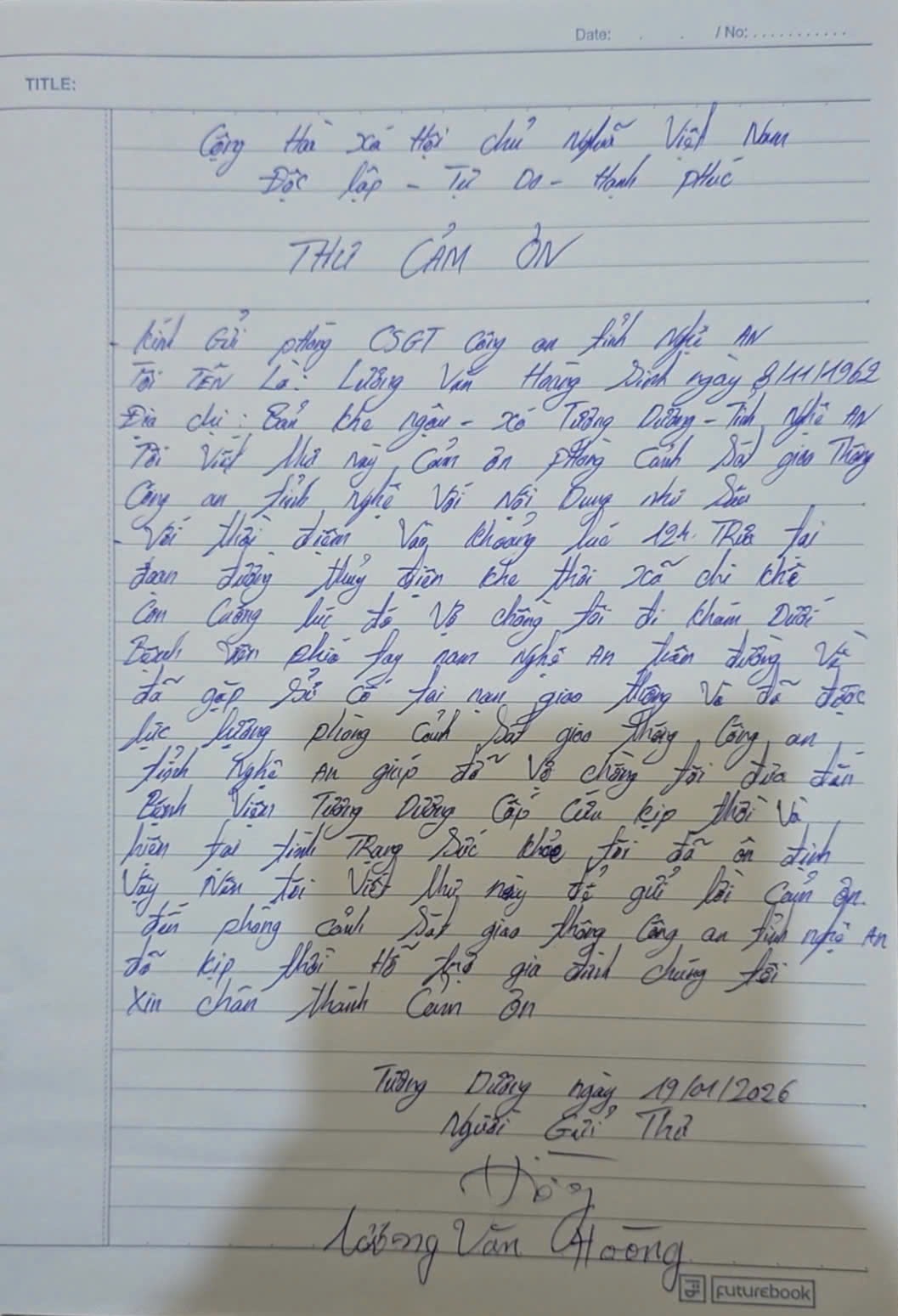 Ông Lương Văn Hoàng viết thư cảm ơn Tổ CSGT