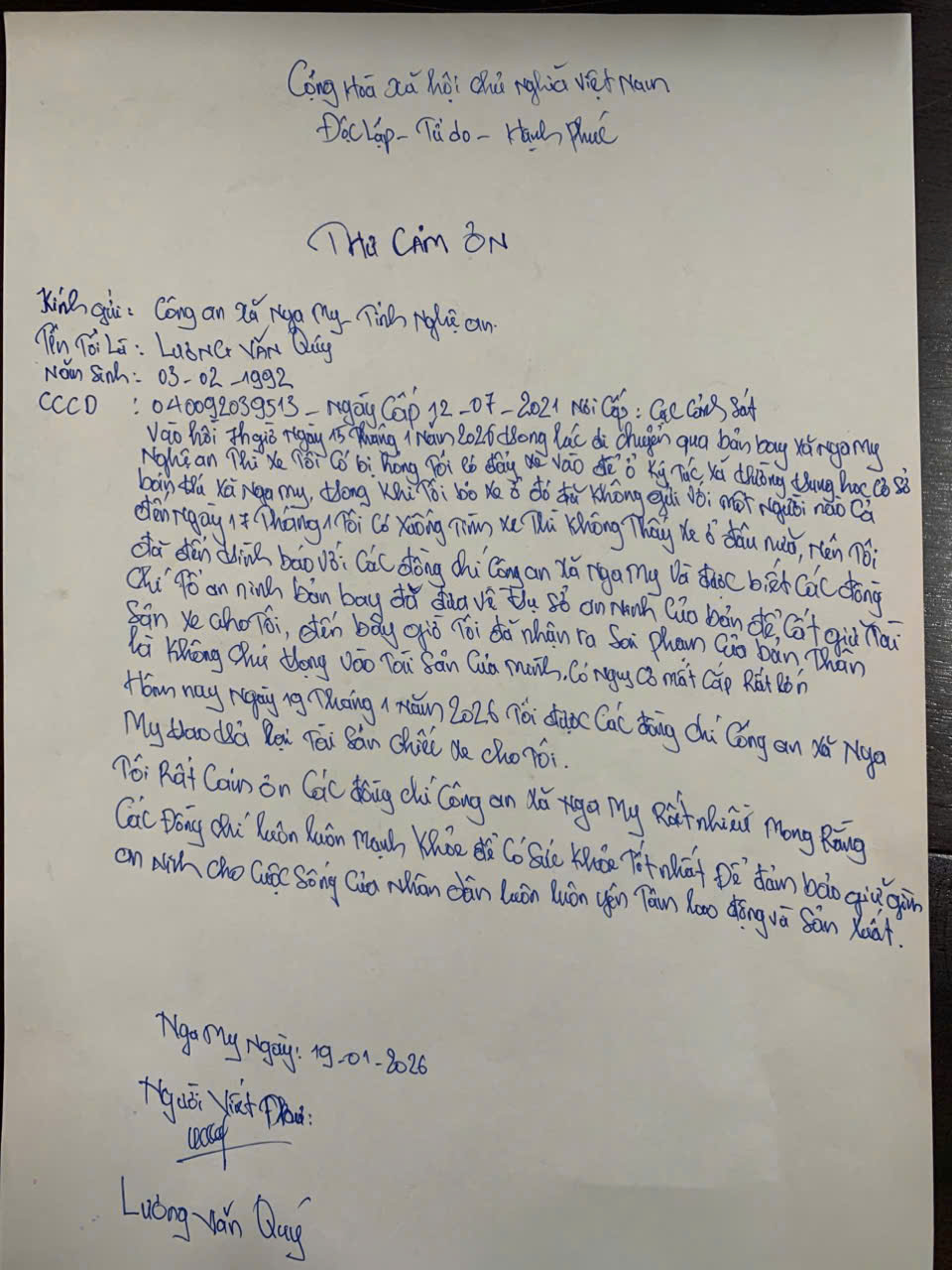 Người dân nhận lại tài sản viết thư cảm ơn Công an xã Nga My