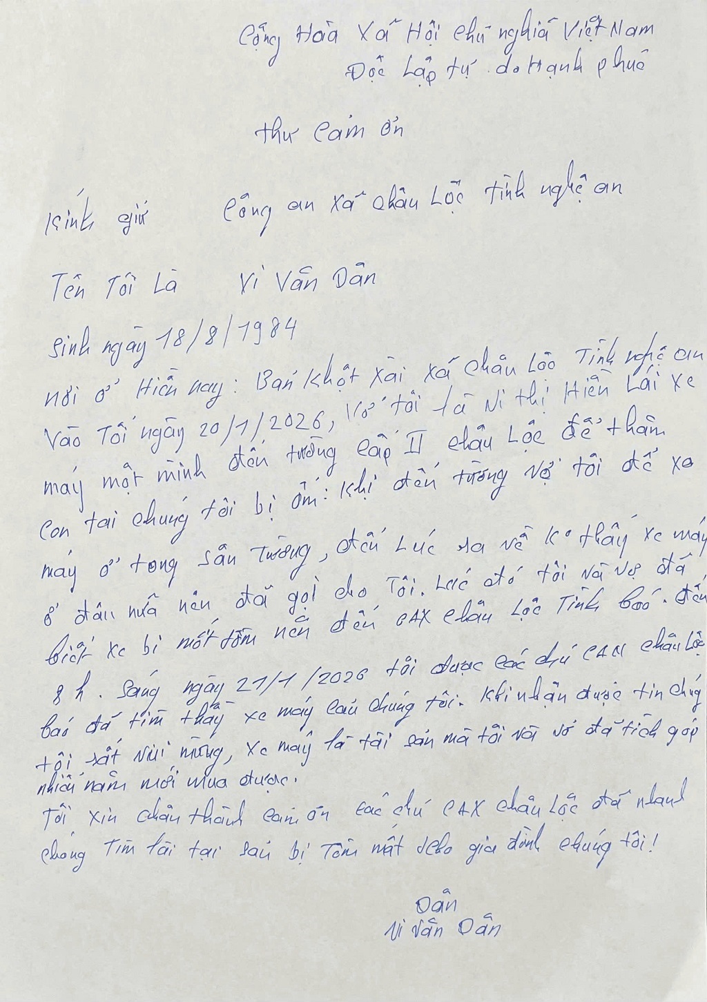 Gia đình chị Hiền nhận lại tài sản và viết thư cảm ơn cơ quan Công an