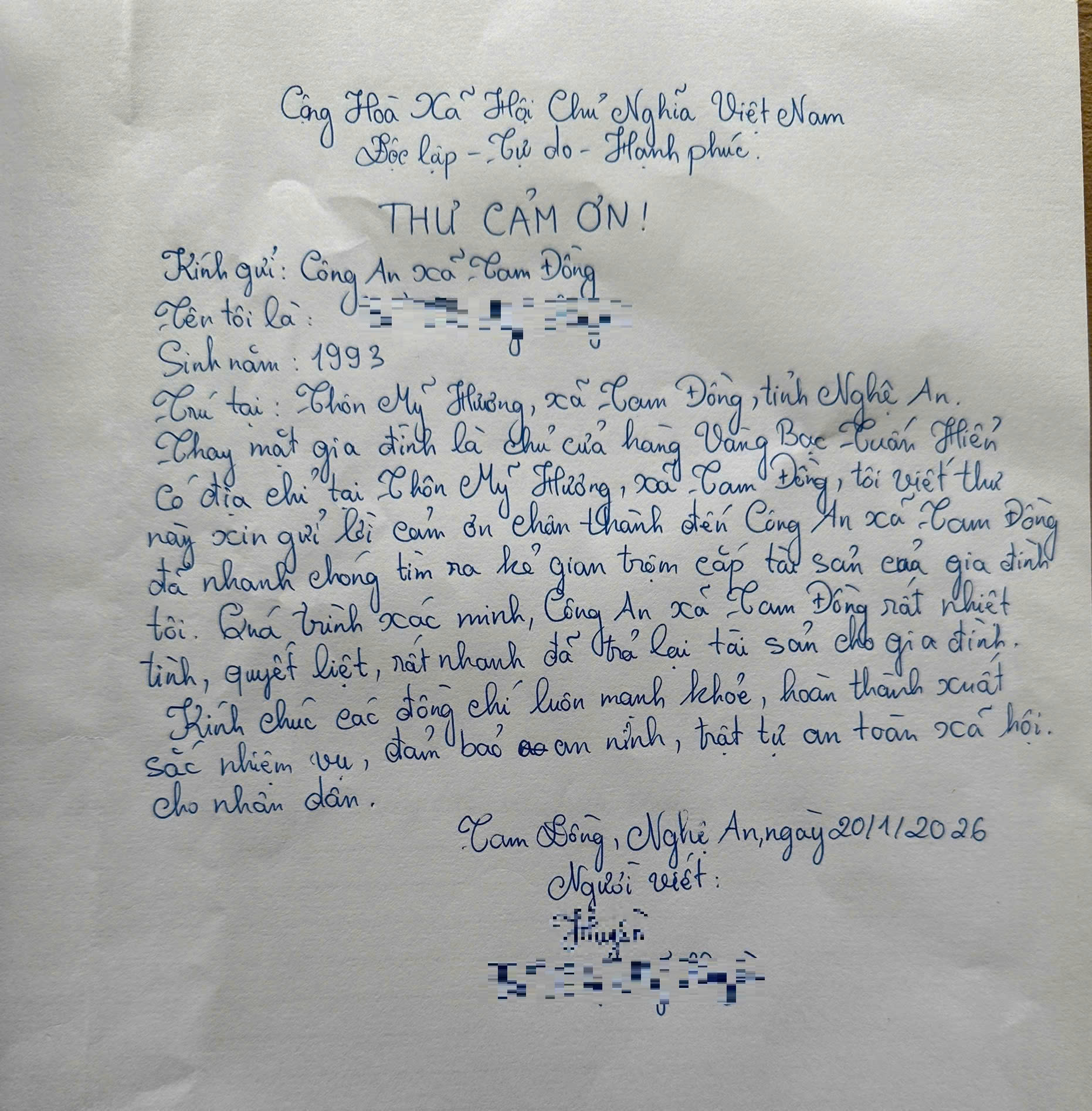 Chị H. viết thư cảm ơn Công an xã Tam Đồng