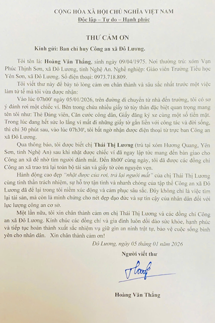 gười dân gửi thư cảm ơn lực lượng Công an xã