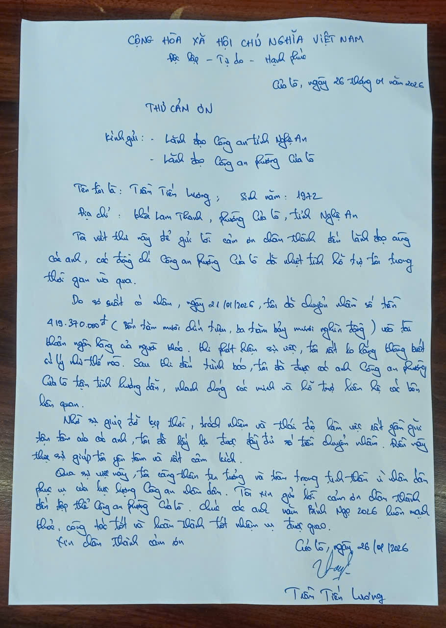Anh Trần Tiến Lương viết thư cảm ơn Công an phường Cửa Lò
