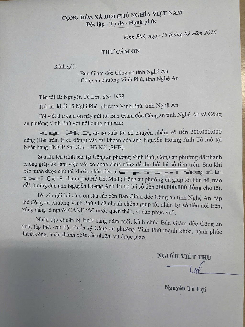 Xúc động khi nhận lại được số tiền lớn do chuyển khoản nhầm, anh Lợi viết thư cảm ơn Công an phường Vinh Phú