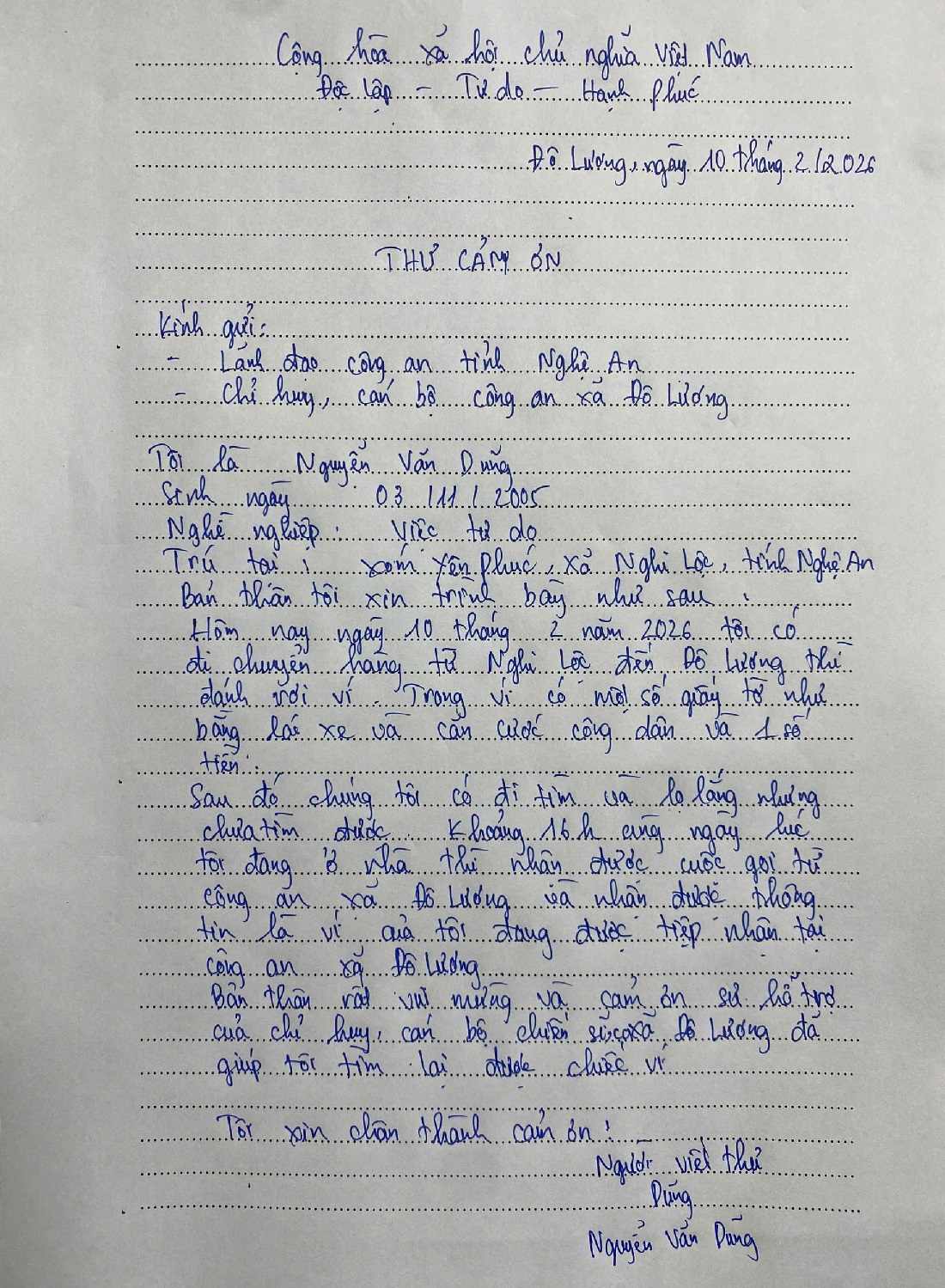 Anh Nguyễn Văn Dũng viết thư cảm ơn Công an xã Đô Lương và chị Trương Thị Yến