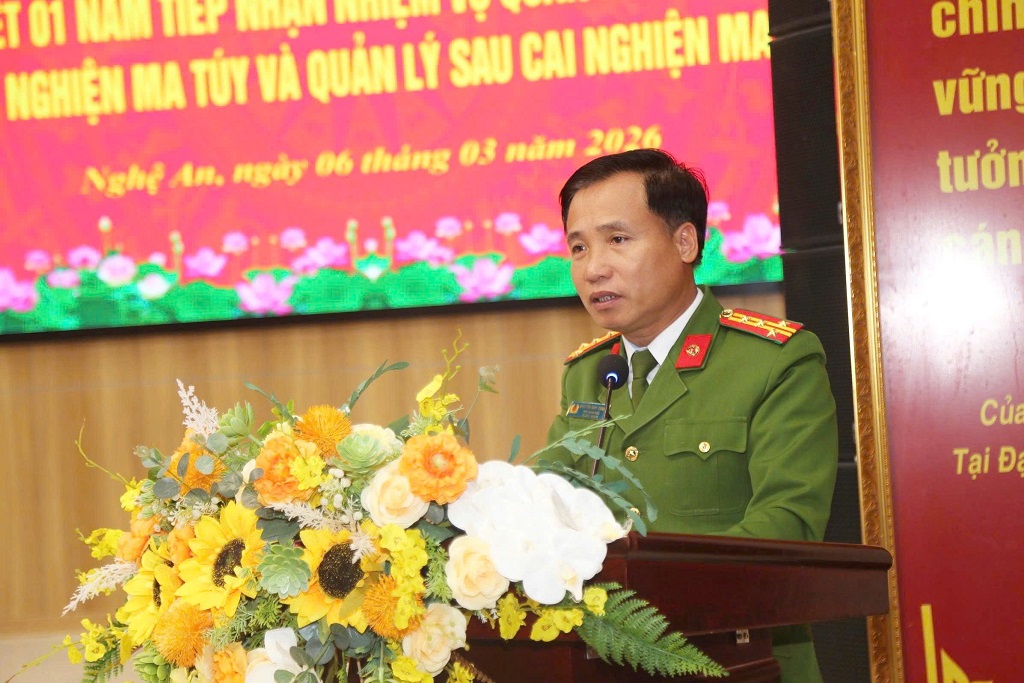 Đồng chí Đại tá Nguyễn Duy Thanh, Ủy viên Ban Thường vụ Đảng ủy, Phó Giám đốc Công an tỉnh phát biểu kết luận Hội nghị