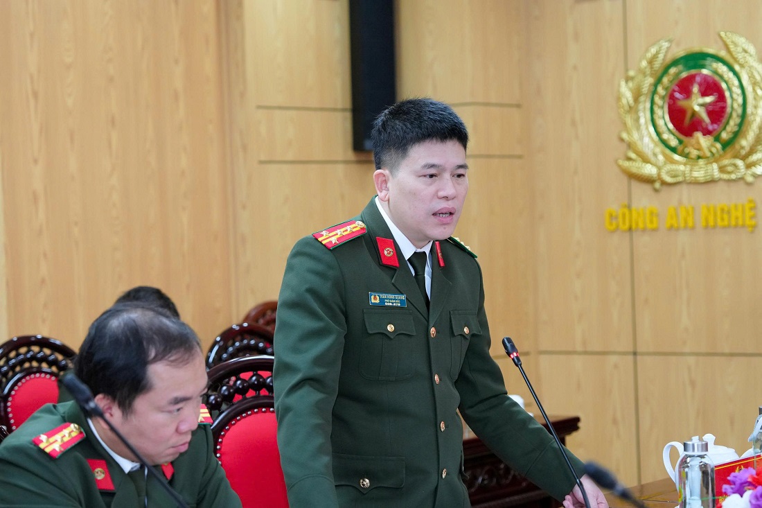 Đồng chí Đại tá Trần Hồng Quang, Phó Giám đốc Công an tỉnh phát biểu tại cuộc họp