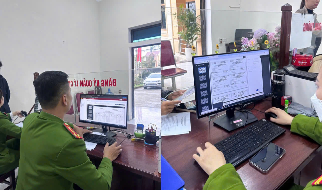 Công an xã Lam Thành đối chiếu thông tin cư trú thực tế với thông tin trên Cơ sở dữ liệu quốc gia về dân cư