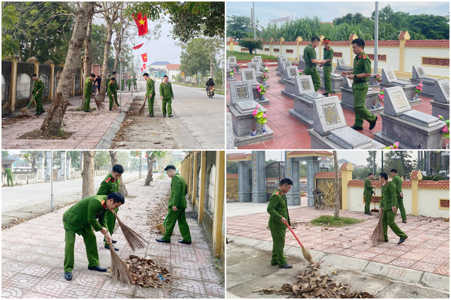 Công an xã vệ sinh môi trường tại Nghĩa trang Liệt sĩ xã Diễn Trường (cũ); Đình Long Ân - Di tích lịch sử cấp Quốc gia và tuyến đường đi qua trụ sở Công an xã