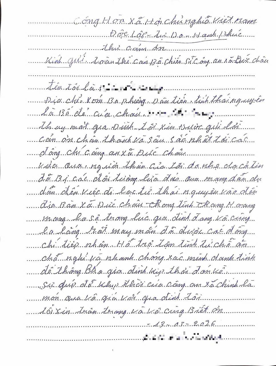 Gia đình chị Đ.T.T. viết thư cảm ơn Công an xã Đức Châu