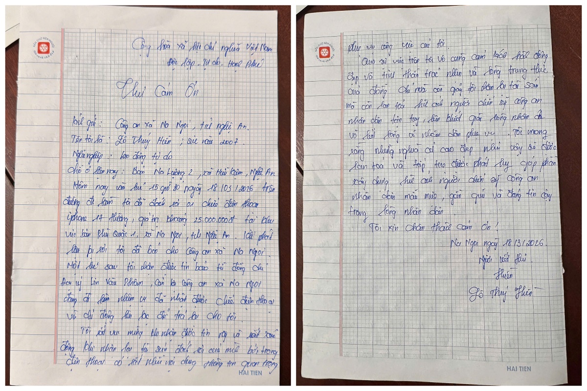 Thư cảm ơn chị Lô Thúy Hiền gửi tới Công an xã Na Ngoi