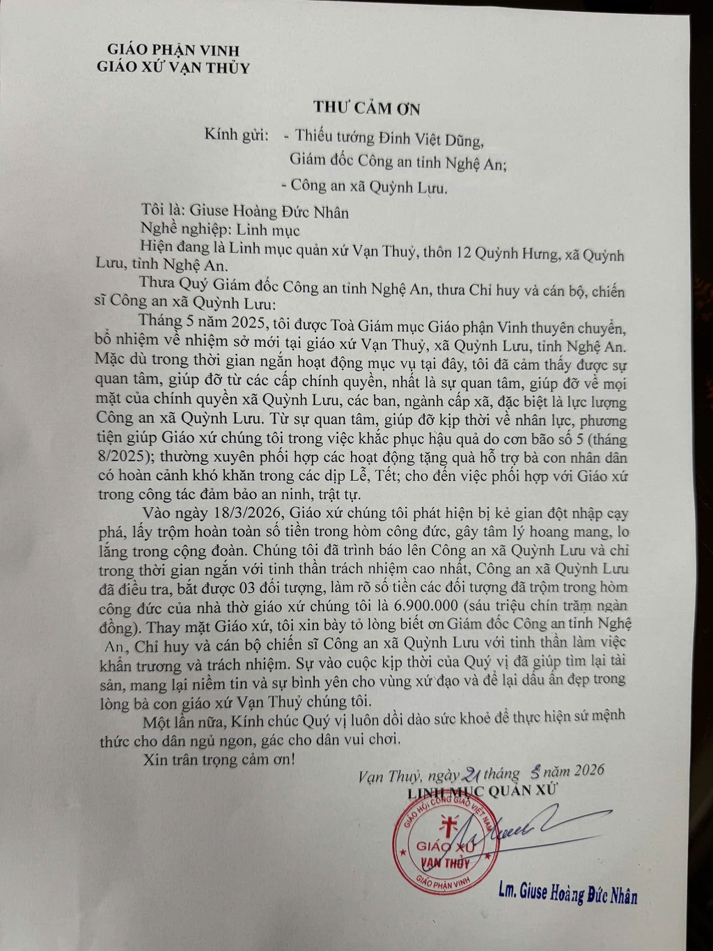 Thư cảm ơn lực lượng Công an của Giáo xứ Vạn Thủy