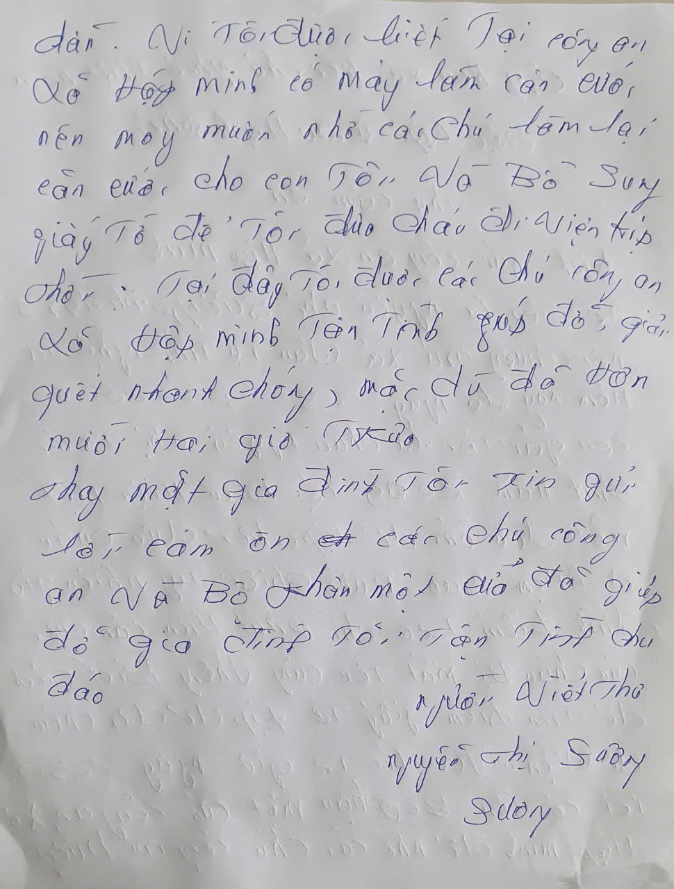 Người nhà viết thư cảm ơn Công an xã