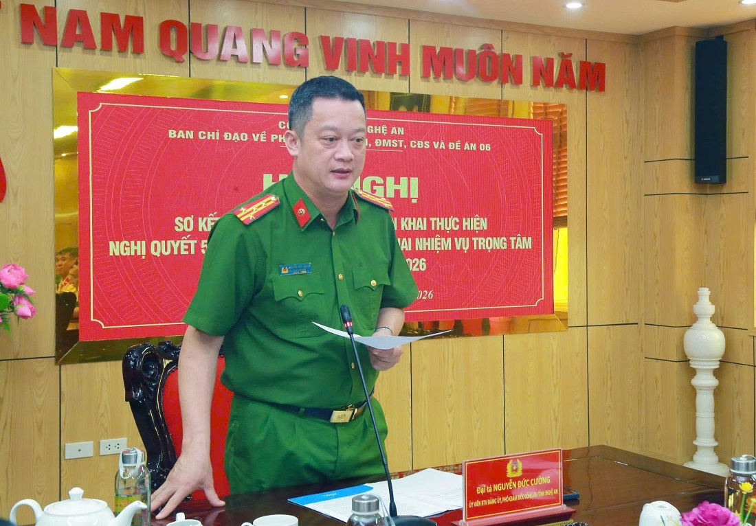 Đồng chí Đại tá Nguyễn Đức Cường, Ủy viên Ban Thường vụ Đảng ủy, Phó Giám đốc Công an tỉnh phát biểu chỉ đạo tại Hội nghị