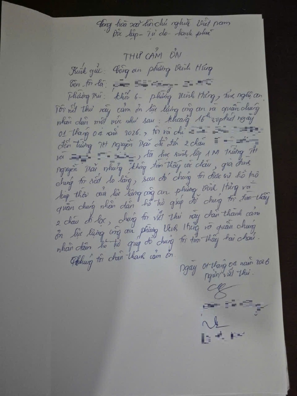 Gia đình hai cháu viết thư cảm ơn Công an phường 