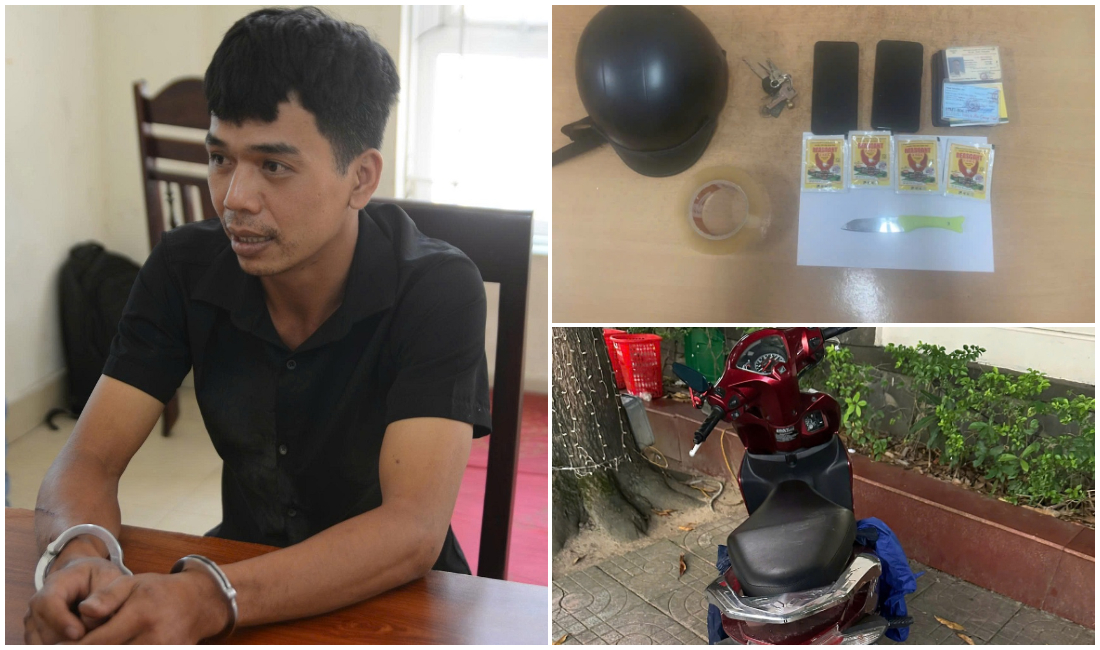 Đối tượng Nguyễn Khắc Nhật và tang vật sử dụng để bắt cóc cháu bé tại huyện Thanh Chương (nay là xã Hoa Quân)