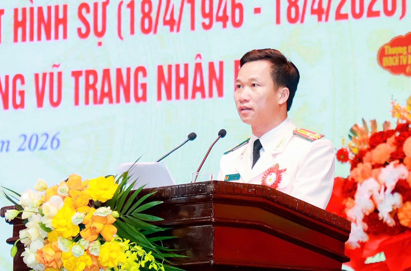 Đồng chí Thượng tá Trần Đức Thân, Trưởng phòng CSHS phát biểu tại buổi lễ