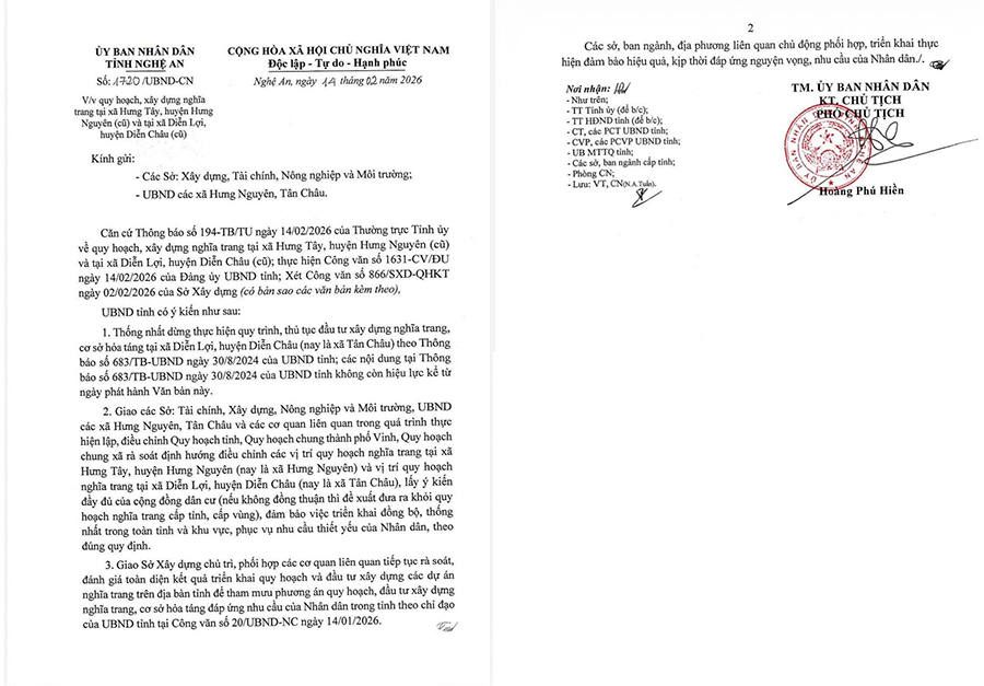 UBND tỉnh Nghệ An có văn bản dừng nghiên cứu quy hoạch nghĩa trang, cơ sở hỏa táng tại xã Tân Châu và thông báo công khai đến người dân