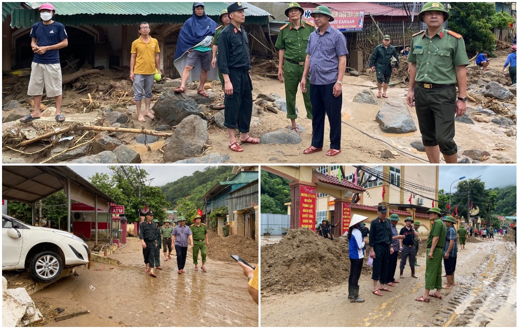 Đồng chí Đại tá Cao Minh Huyền, Phó Giám đốc Công an tỉnh trực tiếp chỉ đạo, động viên các lực lượng tham gia khắc phục hậu quả mưa lũ