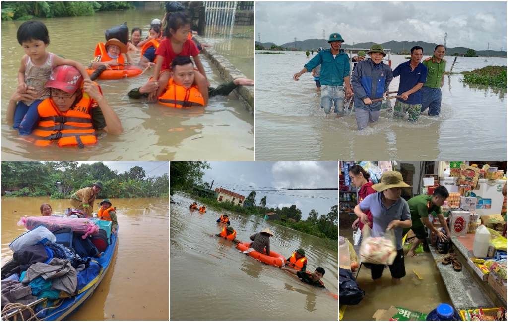 Công an huyện Thanh Chương, Quỳnh Lưu và thị xã Hoàng Mai tiến hành sơ tán dân ở vùng ngập sâu