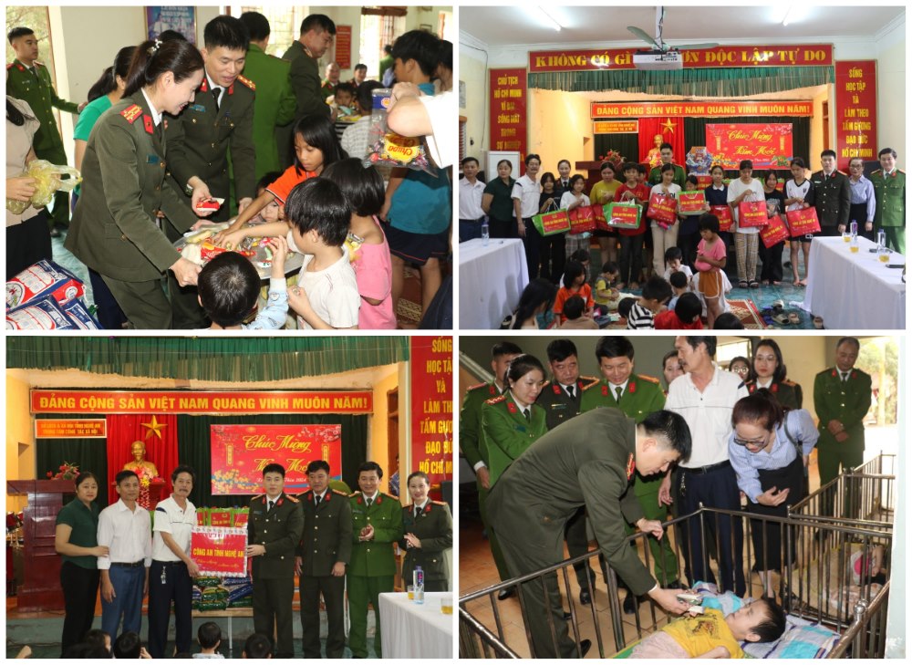Đồng chí Đại tá Trần Hồng Quang - Phó Giám đốc Công an tỉnh thăm hỏi, động viên các em mồ côi, tàn tật tại Trung tâm công tác xã hội tỉnh