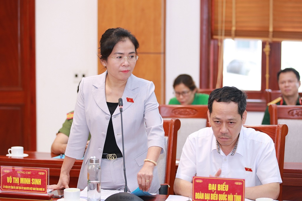 Đồng chí Võ Thị Minh Sinh, Ủy viên Ban Thường vụ Tỉnh ủy, Chủ tịch Ủy ban Mặt trận Tổ quốc Việt Nam tỉnh Nghệ An phát biểu