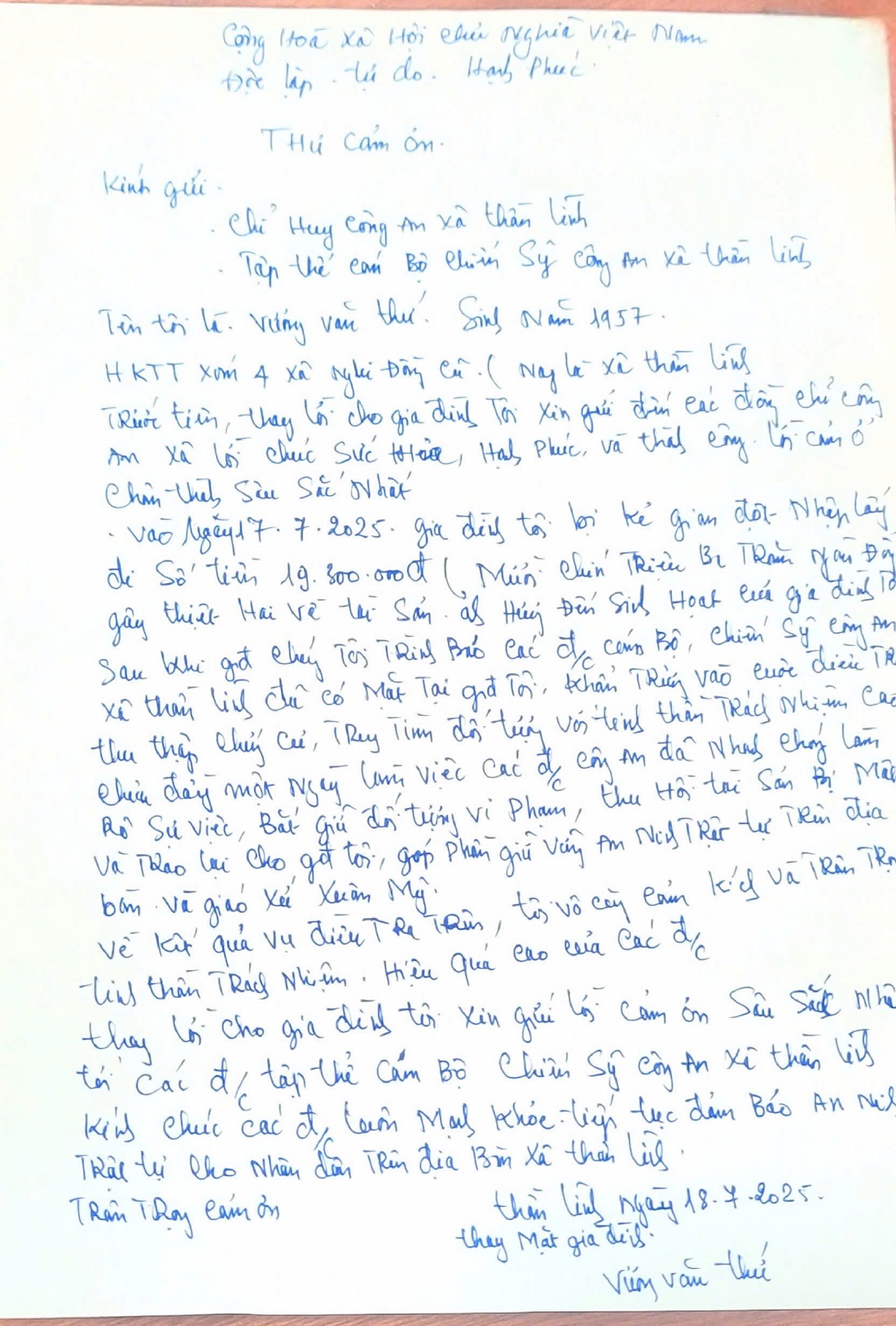 Thư cảm ơn của bà con Giáo dân gửi tới Công an xã Thần Lĩnh