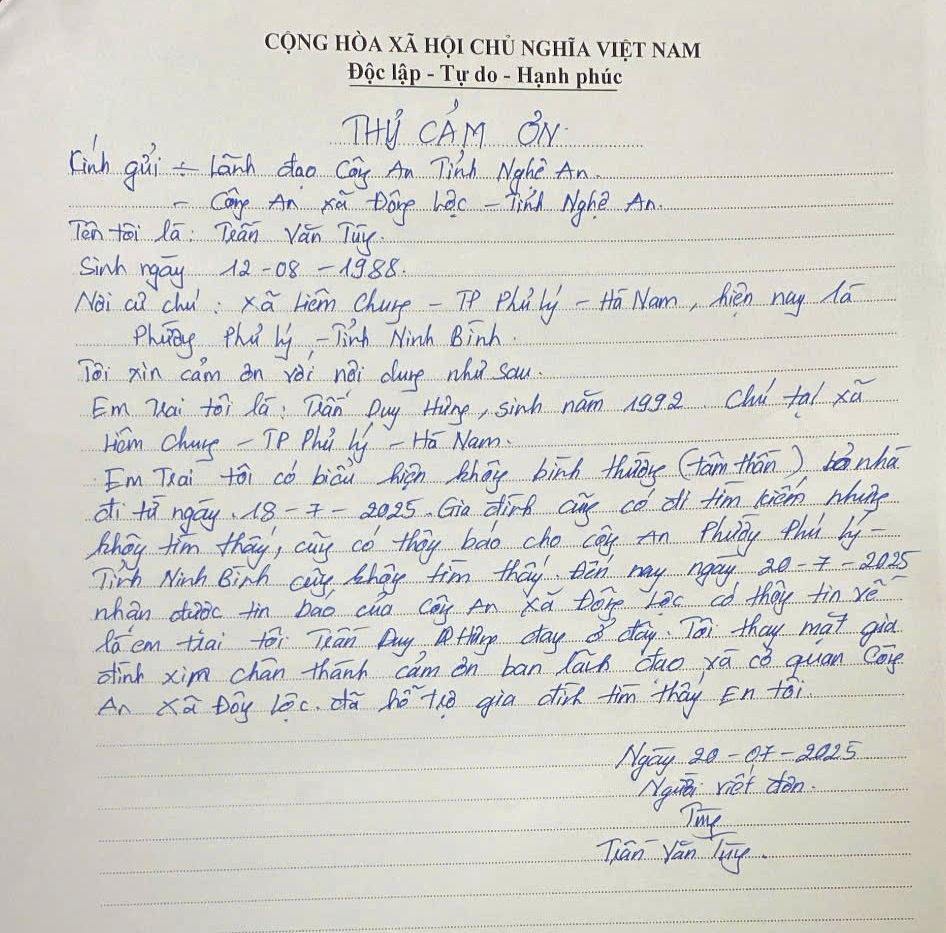 Thư cảm ơn anh Trần Văn Tùng gửi tới Công an xã Trung Lộc
