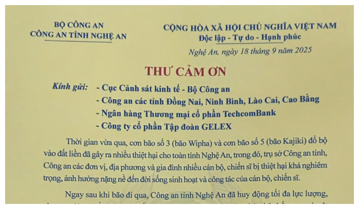 Công an tỉnh Nghệ An gửi thư cảm ơn các đơn vị hỗ trợ khắc phục hậu quả bão số 3 và bão số 5