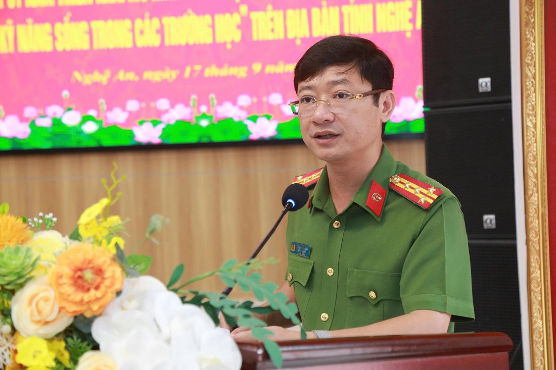 Đồng chí Đại tá Trần Ngọc Tuấn, Ủy viên Ban Thường vụ Đảng ủy, Phó Giám đốc Công an tỉnh phát biểu khai mạc Hội nghị