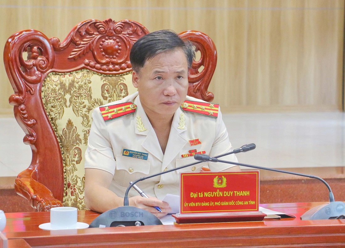 Đồng chí Đại tá Nguyễn Duy Thanh, Phó Giám đốc Công an tỉnh chủ trì Hội nghị tại điểm cầu Công an tỉnh Nghệ An.