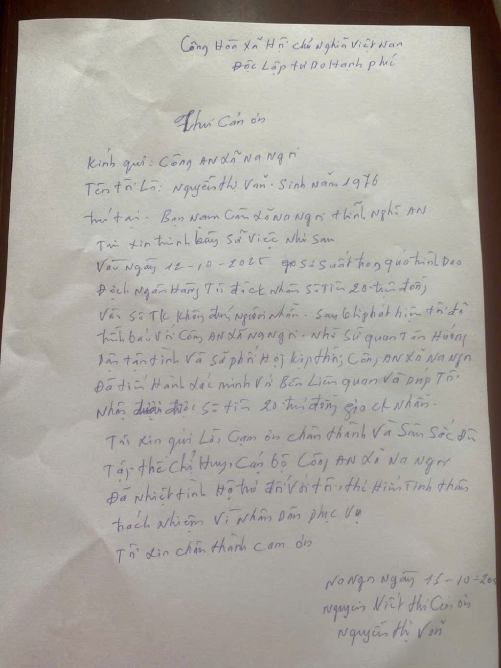 Xúc động trước tinh thần trách nhiệm tận tụy của Công an xã Na Ngoi, chị Văn viết thư cảm ơn Ngoi