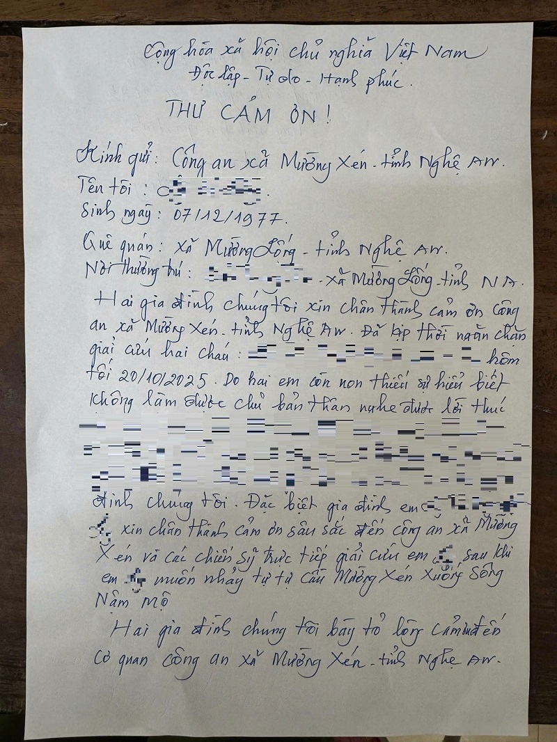 Gia đình cháu L. xúc động viết thư cảm ơn Công an xã Mường Xén