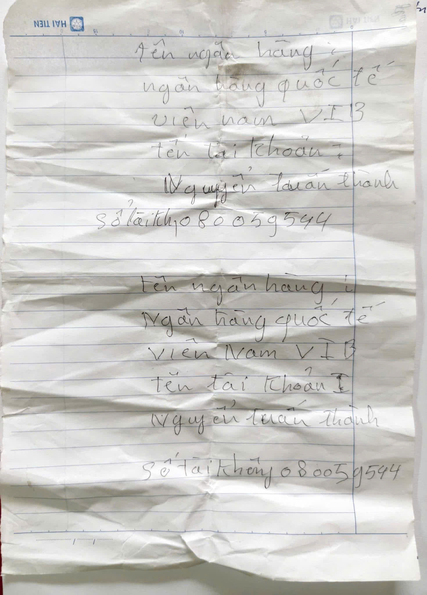 Số tài khoản ngân hàng mà đối tượng lừa đảo cung cấp